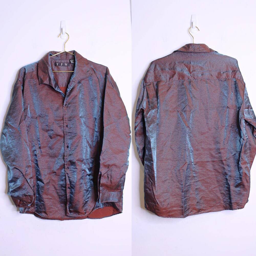 Blue Burgundy Iridescent Satin Button Down Shirt - Large